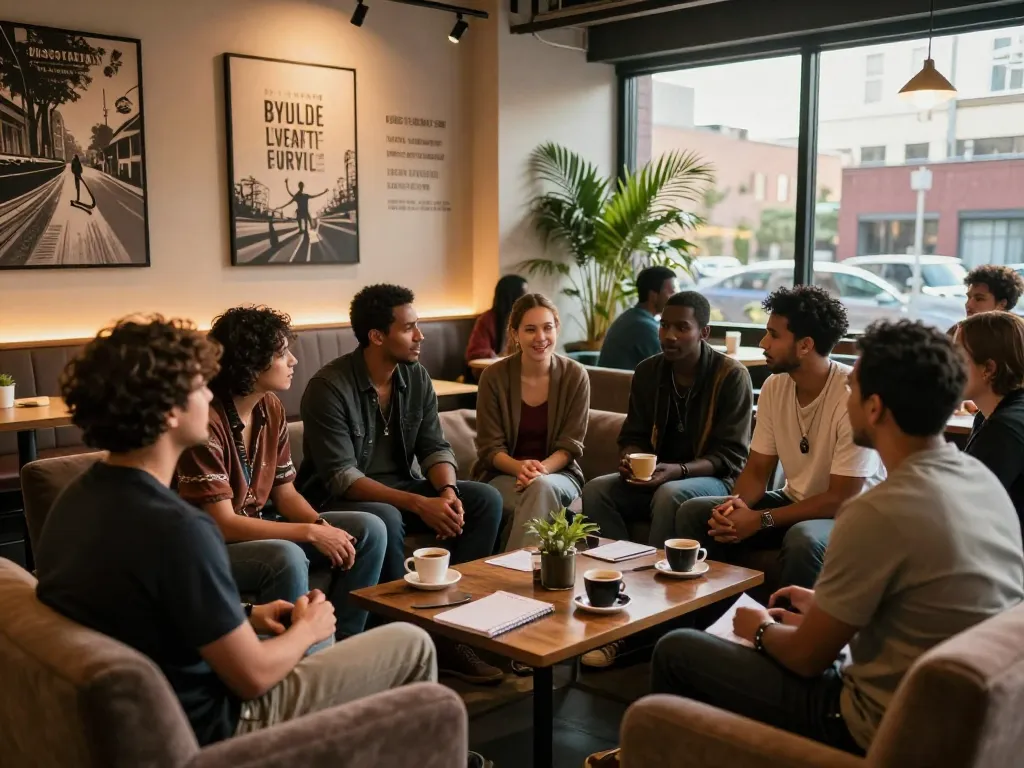 Men engaging in conversation at a man club, showcasing community spirit and support.