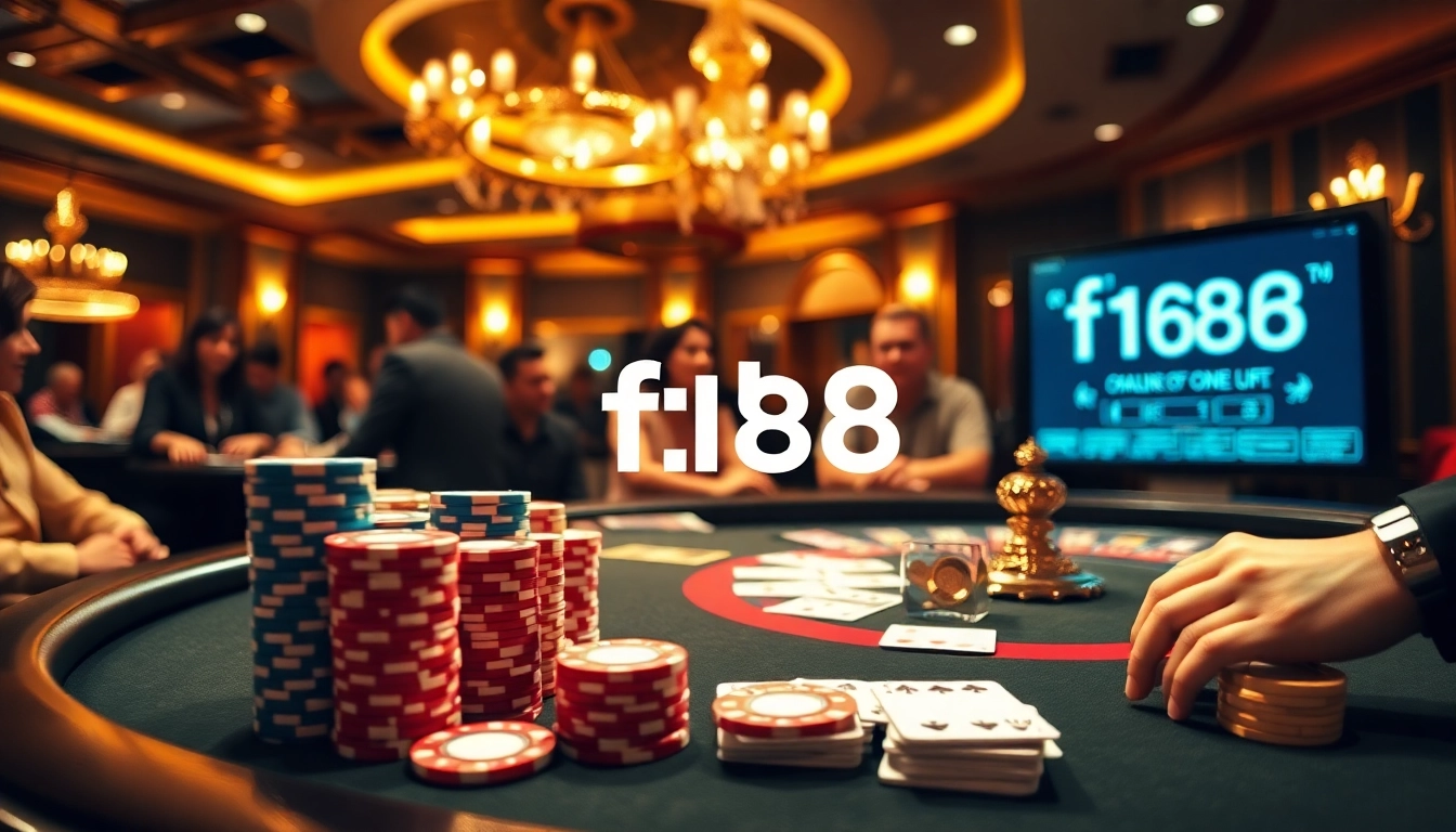 Exciting casino scene featuring the f168 poker table and vibrant chips and cards.