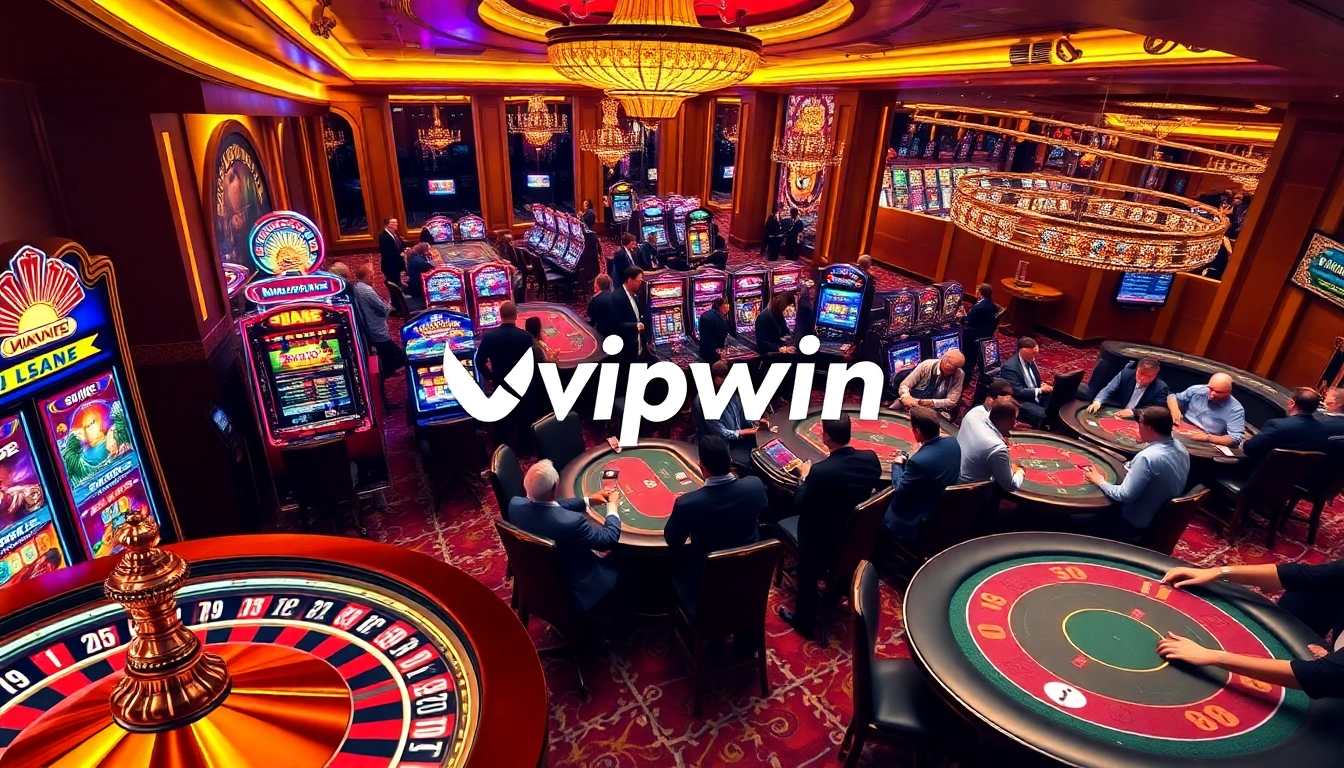 Engaging players enjoy their time at the vipwin casino, with vibrant slot machines and roulette wheels.