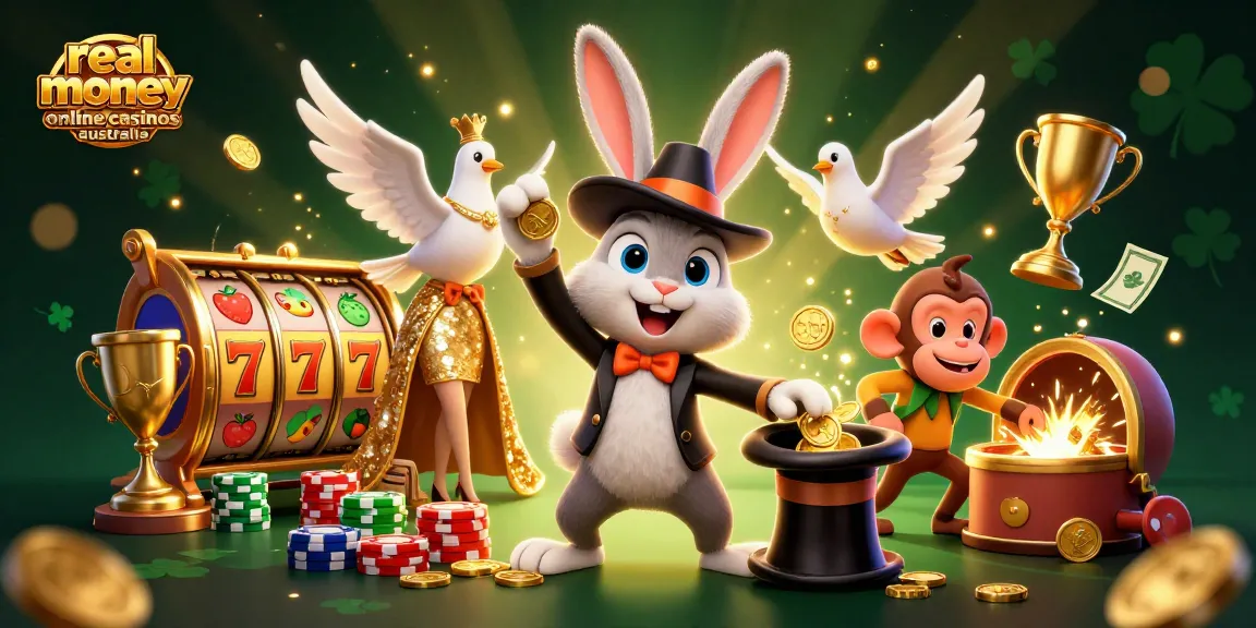Winning strategies at real money online casinos Australia with a magical casino scene featuring a rabbit, dove, and monkey.
