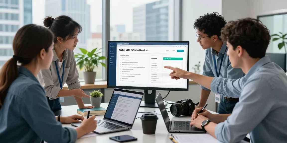 Team analyzing cyber essentials checklist in modern office setting, showcasing cybersecurity controls and collaboration.