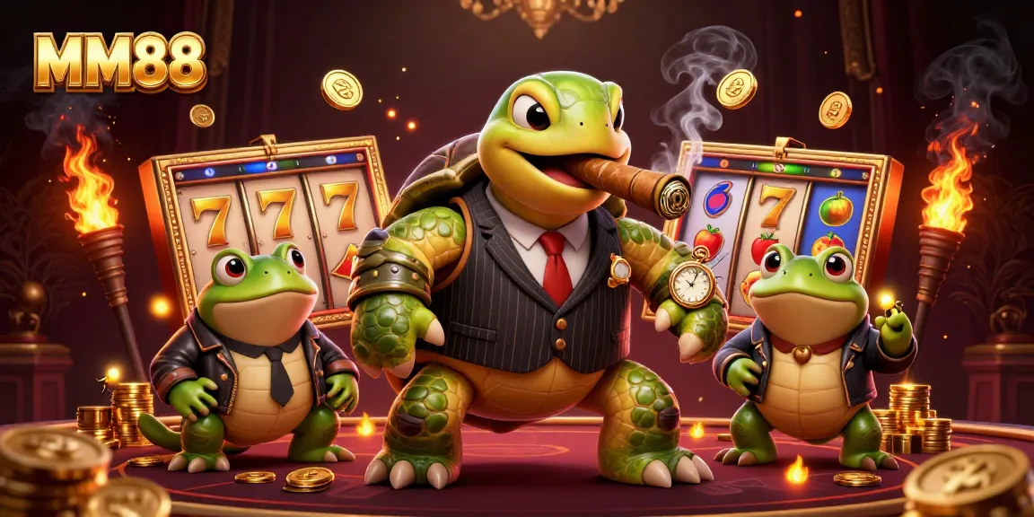 Engage with MM88's vibrant casino scene featuring a snapping turtle in a stylish suit amidst dynamic gaming elements.