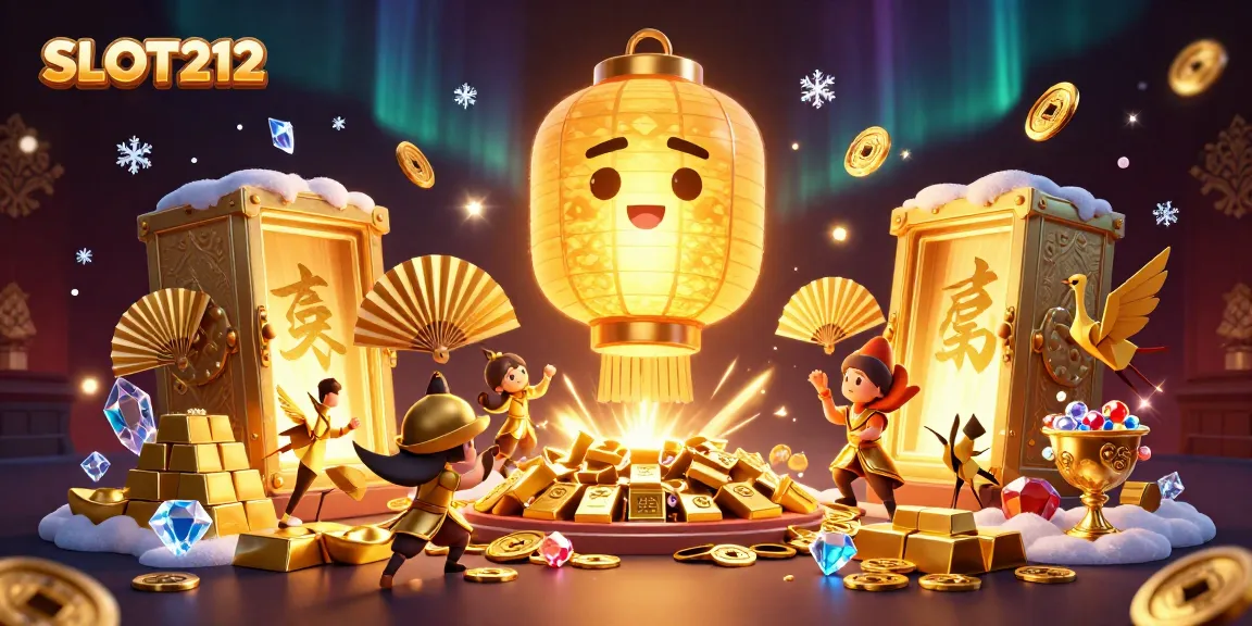 SLOT212 illuminates the casino night with golden treasures and lucky symbols in a vibrant 3D scene.