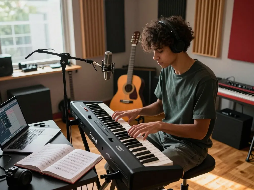 Musician playing the Roland GO-88 piano in a modern studio, showcasing go 88's creative potential.