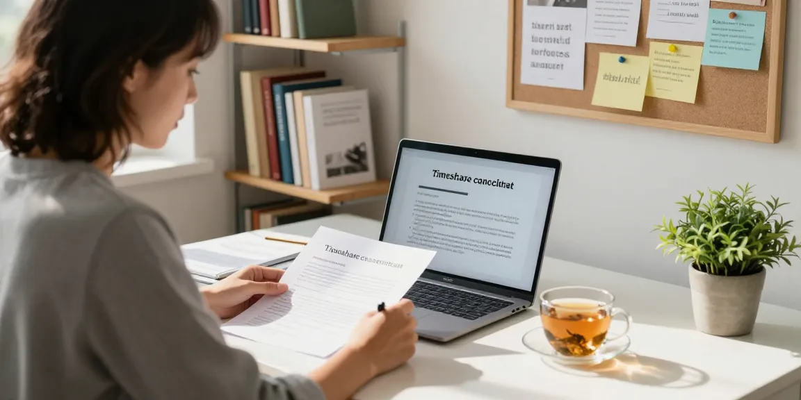 Person drafting a timeshare cancellation letter, creating a focused and hopeful environment to cancel my timeshare.