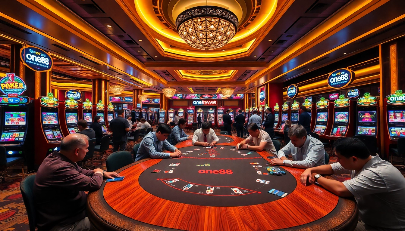 Engaged players at a one88 poker table in a luxurious casino setting, showcasing excitement and professionalism.