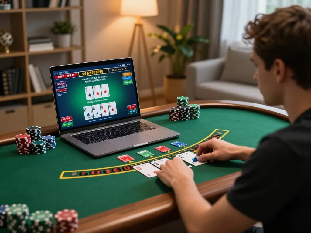 Player engaging in live dealer blackjack at home, showcasing strategic gameplay on uu88 casino.