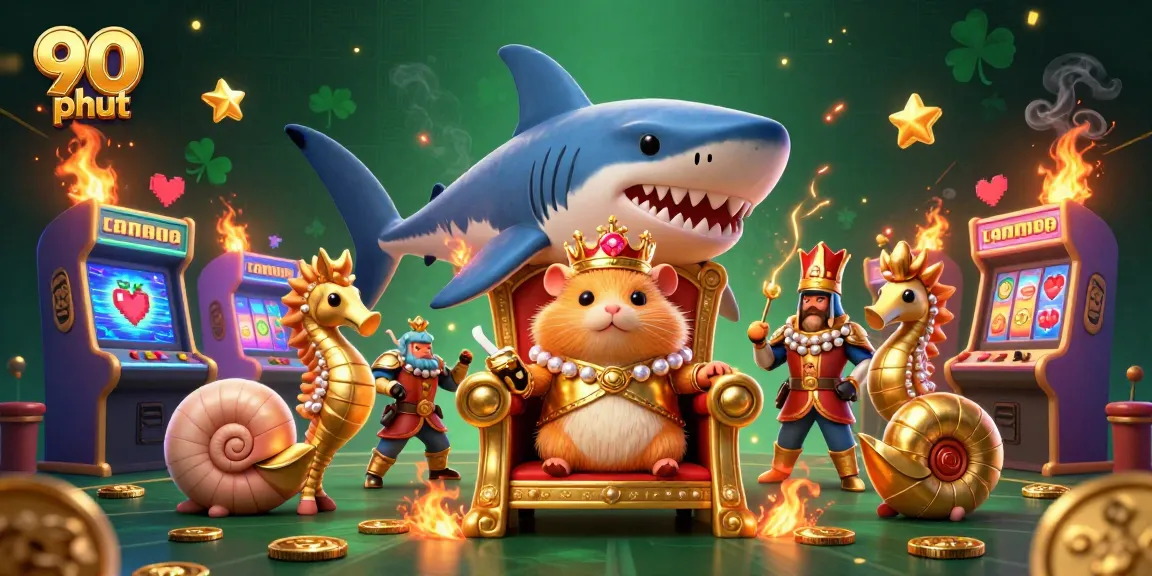 Engage with thrilling 90 phut casino adventure featuring a fierce golden hamster king and royal seahorse guards.
