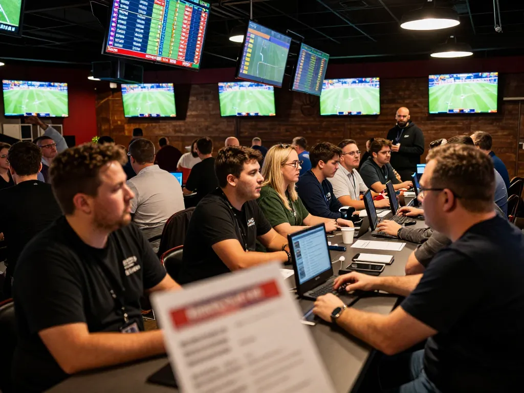 Bsport enthusiasts place bets in a bustling sports betting venue filled with excitement.