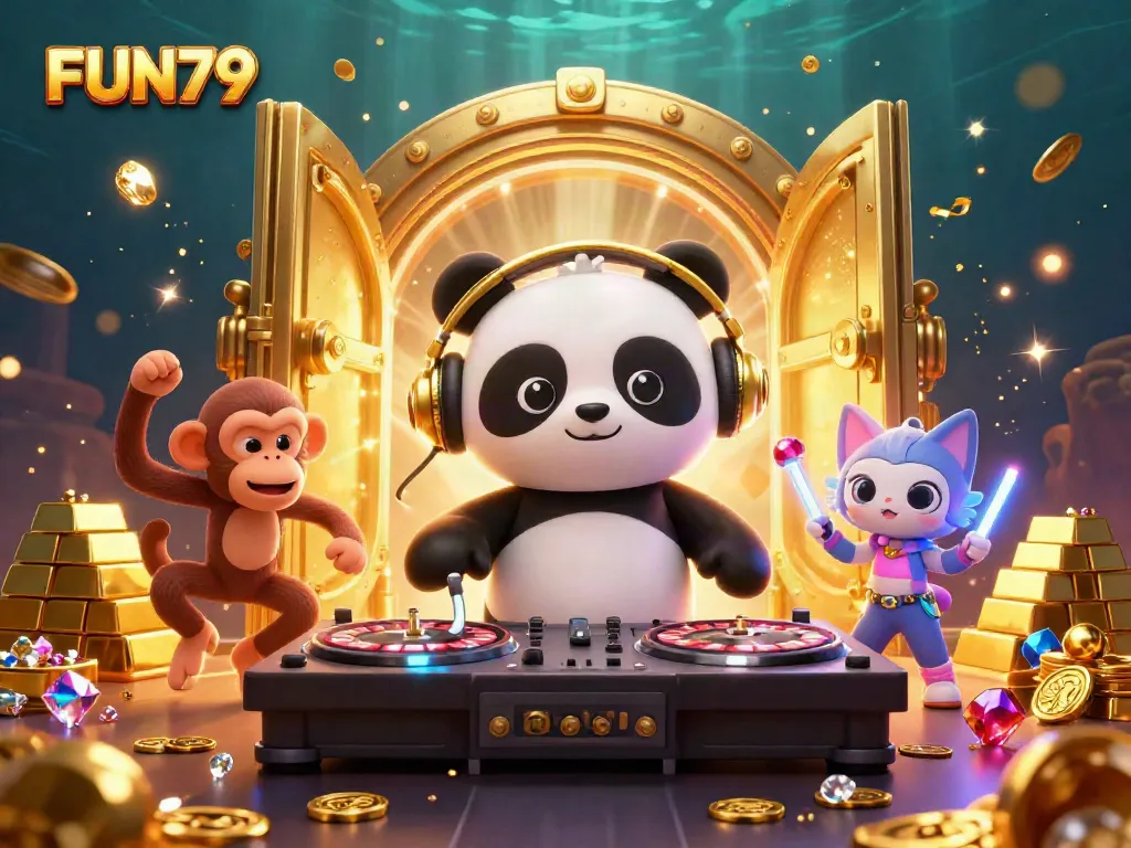 Experience the vibrant world of FUN79 with an energetic DJ panda and playful characters in a casino-themed setting.