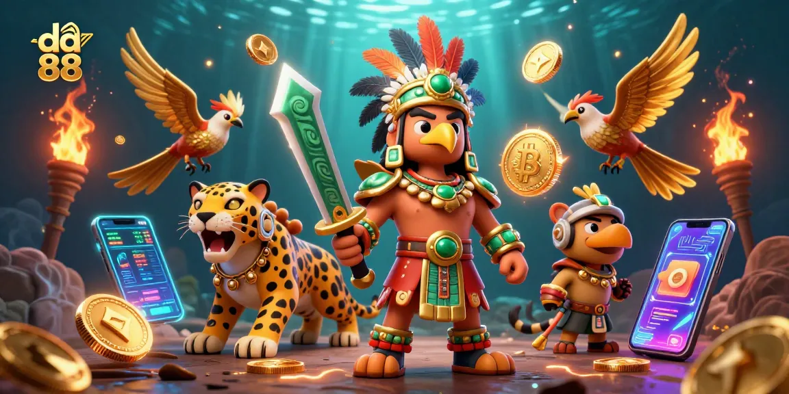 Join the action at da 88 with a thrilling Aztec warrior scene and vibrant crypto elements.