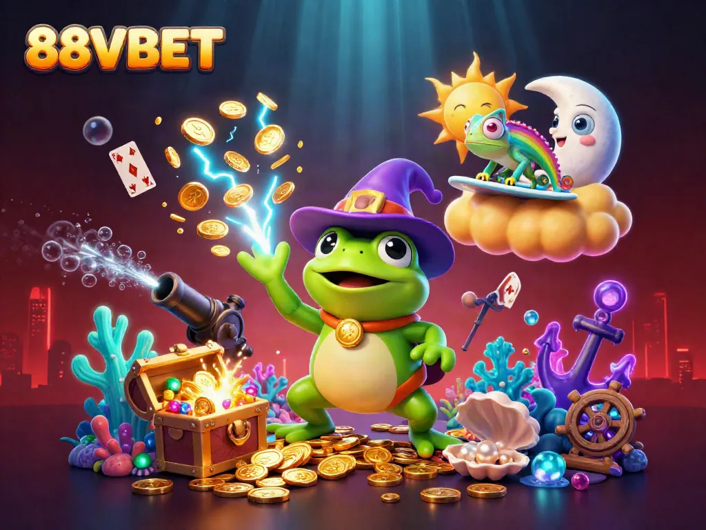 Experience exciting gameplay with 88VBET as a wizard frog conjures golden coins in a vibrant casino scene.