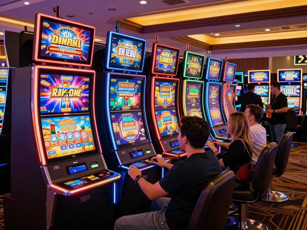 Players enjoying an exciting session of rokok88 slot gaming with vibrant machines in a lively casino atmosphere