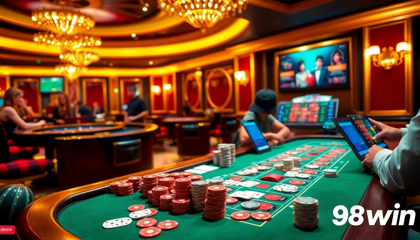 Engaged gamblers playing poker with 98win chips at a vibrant casino table.
