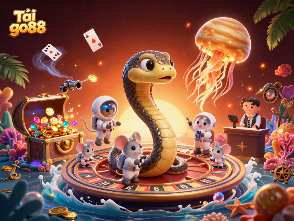 Experience thrilling gameplay with Tải go88, where cartoon characters play in a vibrant casino landscape.