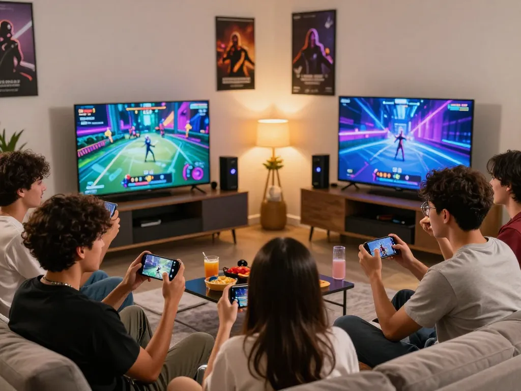 Tải sun win - friends enjoying a mobile gaming session in a vibrant living room