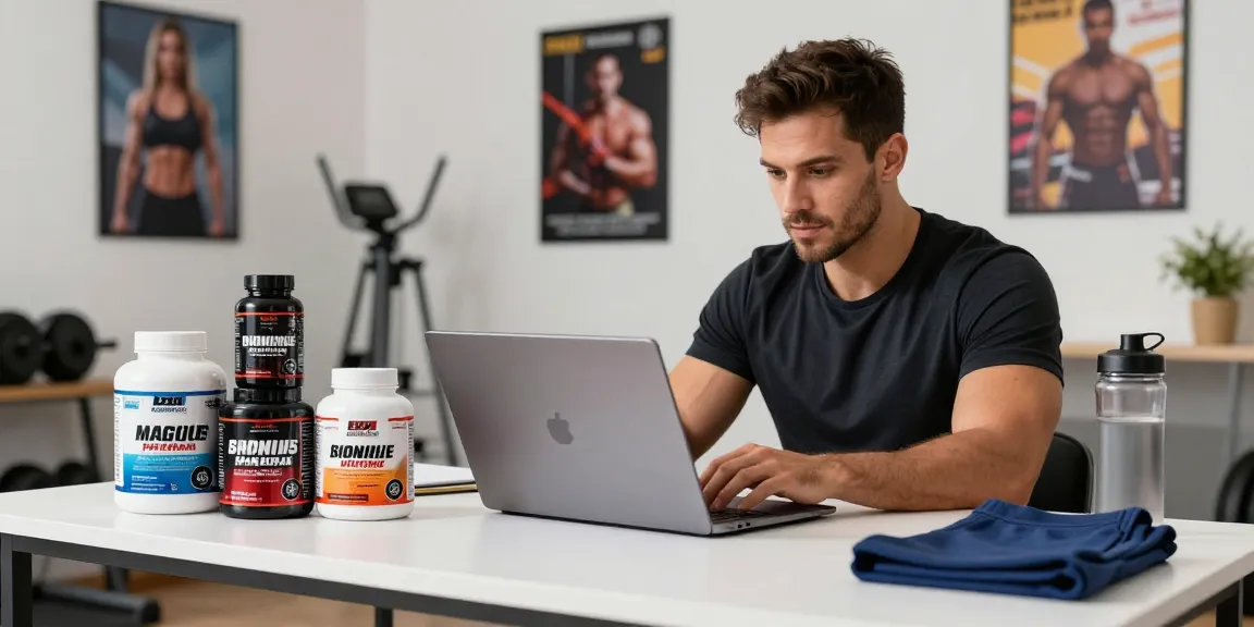 Steroide Boutique - Fitness enthusiast shopping for anabolic steroids in a modern gym setting.