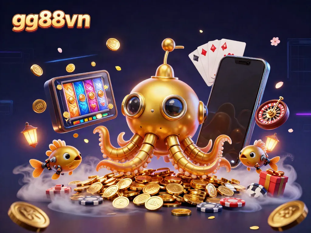 Experience the thrill of online gaming with gg88vn's colorful 3D casino adventure featuring a kraken and golden coins.