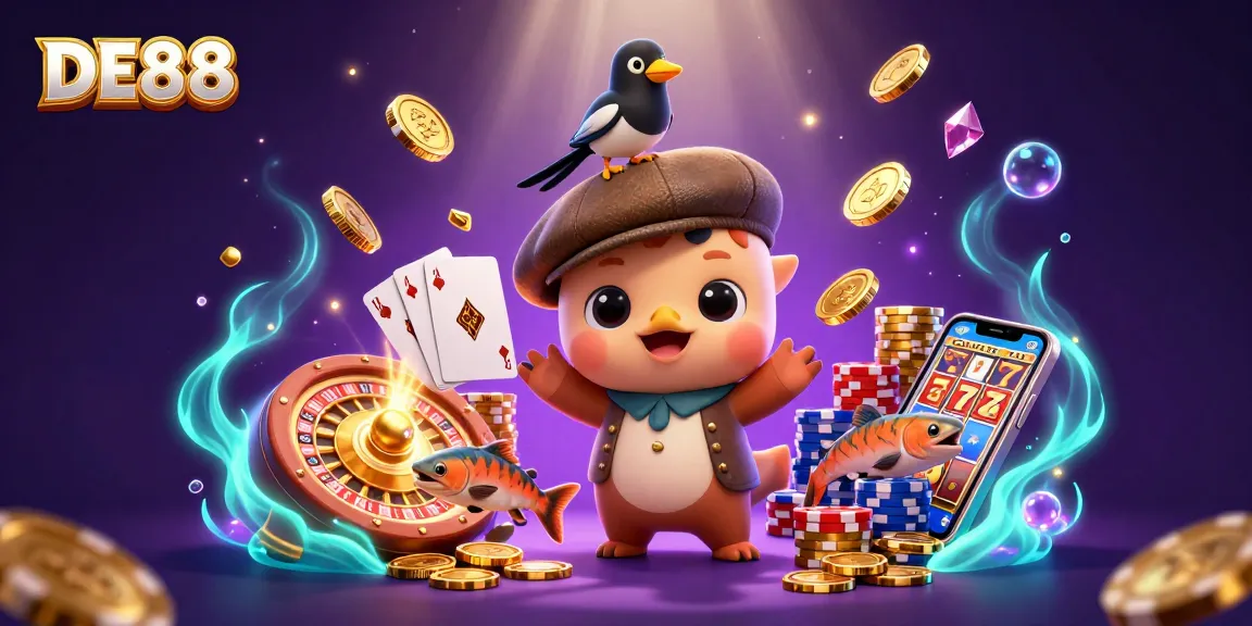Engage with DE88 through a vibrant 3D scene filled with spinning roulette and playful characters.
