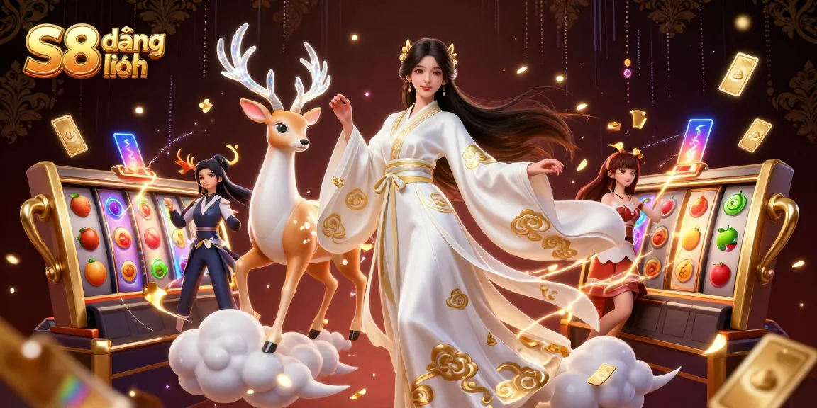 S8 đăng nhập to immersive slots experience, featuring elegant characters and vibrant game elements.