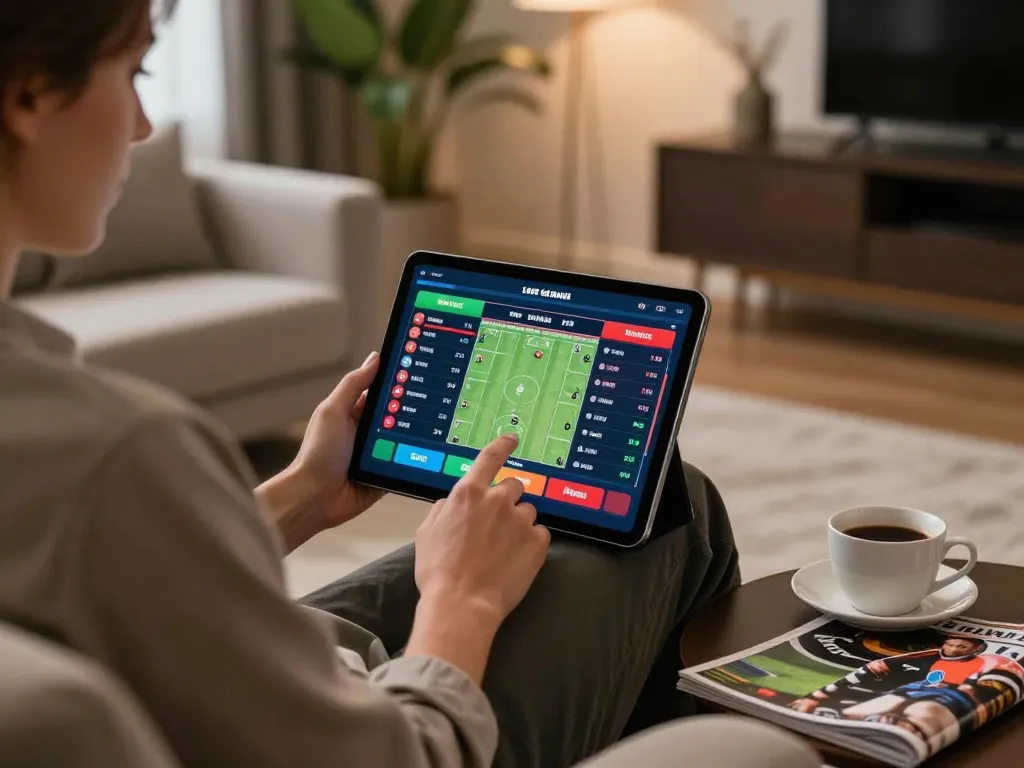 Vic88 user engaging in strategic online betting using tablet in a stylish living room