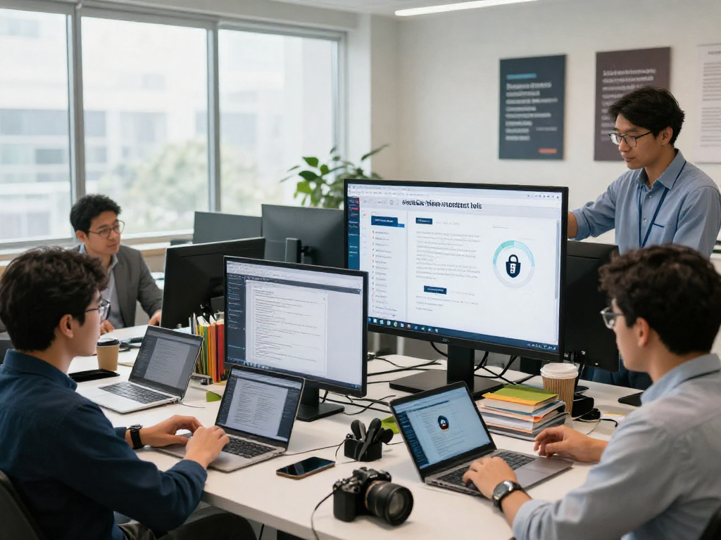 Team analyzing document fraud detection tools in a modern office environment, showcasing engagement and technology.