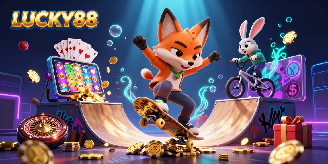 Experience LUCKY88 with a vibrant 3D gaming scene featuring cartoony characters and dynamic elements