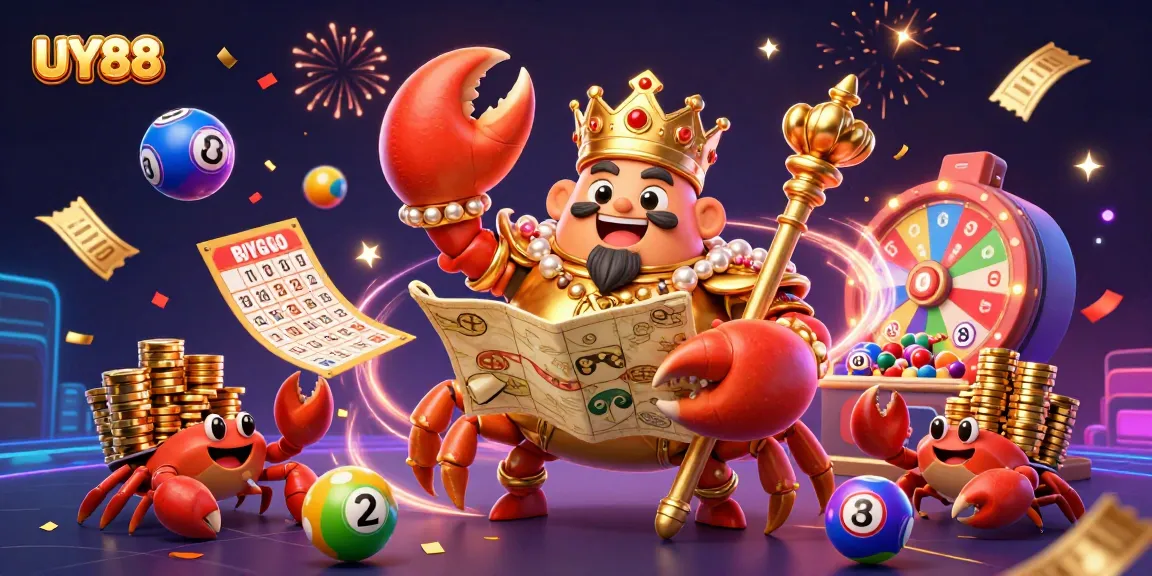 Win big with UY88 in this vibrant 3D casino illustration featuring dynamic lottery elements and colorful characters.