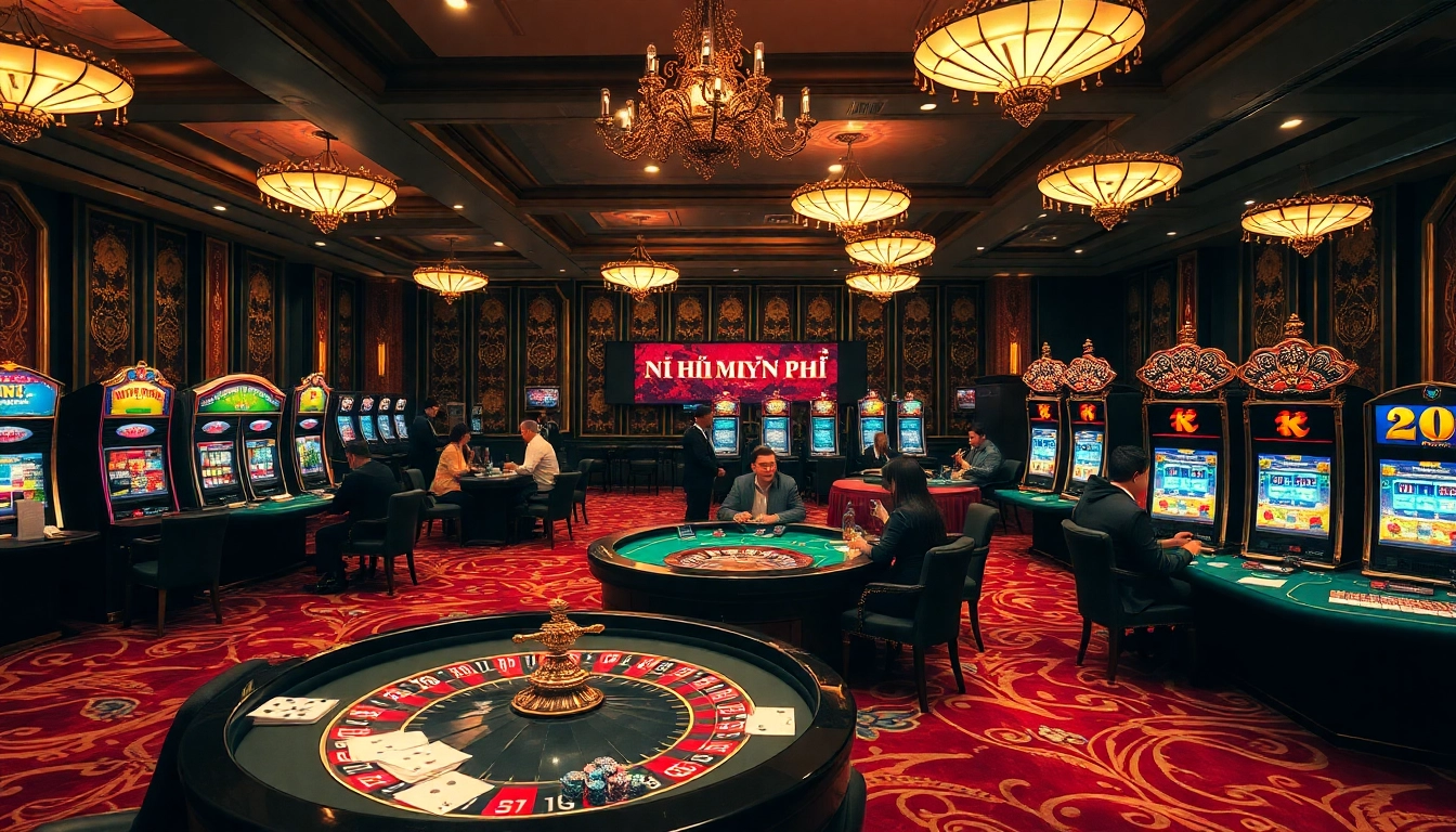 Experience the excitement of Nổ Hũ Miễn Phí at a vibrant casino scene filled with slot machines and roulette.