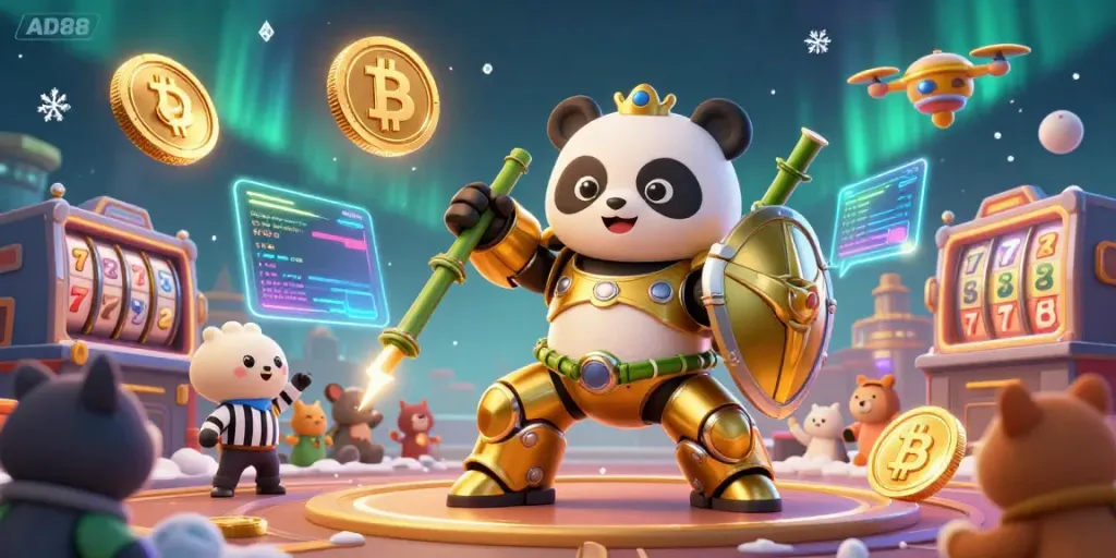 Experience thrilling gaming action at AD88 with vibrant 3D panda robots, crypto coins, and festive elements.
