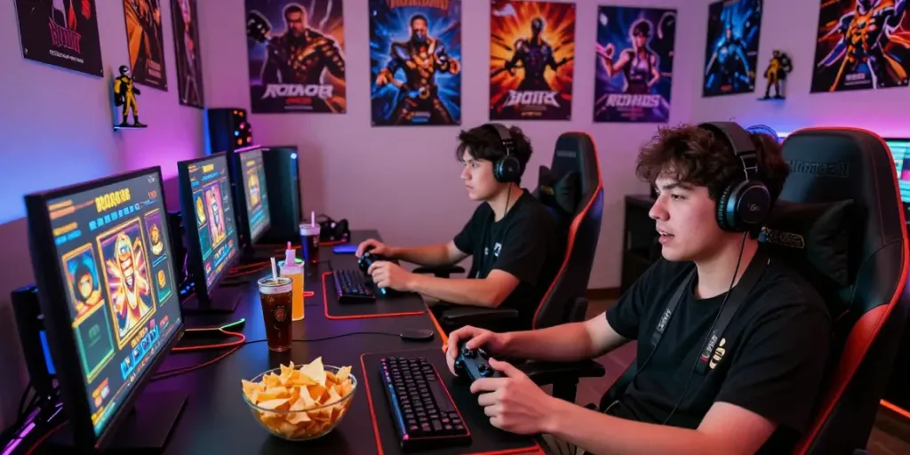 Enthusiastic players engrossed in rokok88 slot game with dynamic lighting and vibrant gaming setup.
