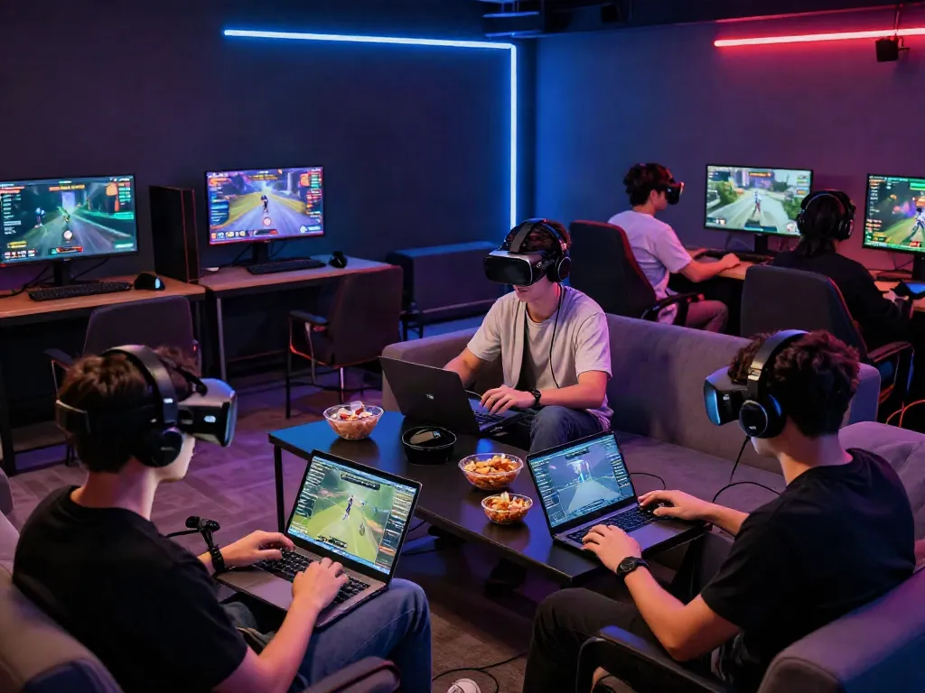 Engaging scene of gamers collaborating in an online gaming lounge, showcasing the rokok88 alternatif gaming experience.