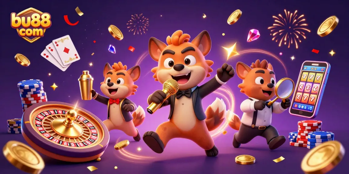 Experience the excitement at bu88 com with lively hyenas in a cartoon casino scene featuring vibrant game elements.