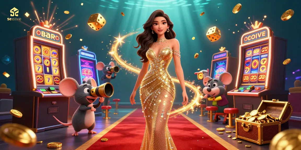 Socolive presents a dynamic 3D scene with a stunning woman and a cartoon mouse amid a jackpot explosion of slot machines and golden symbols.