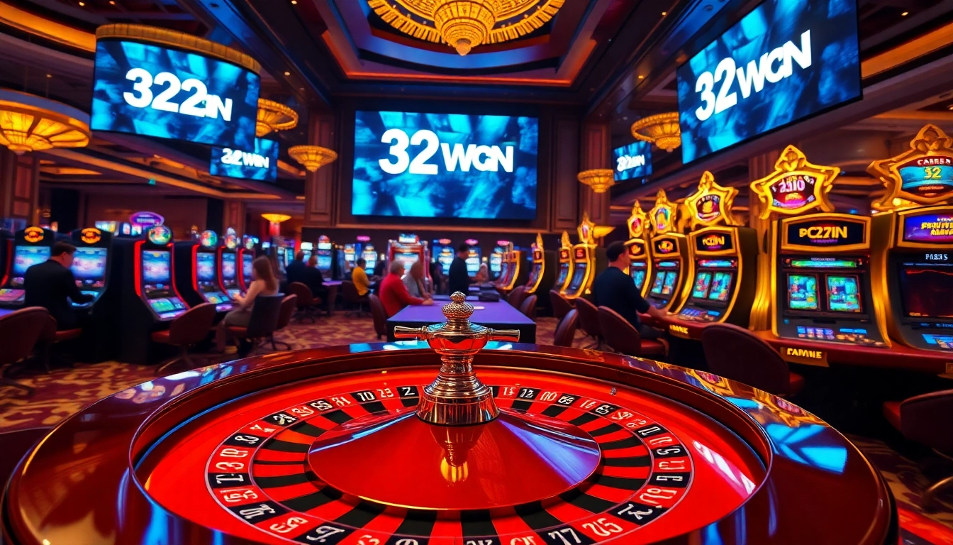 The ambiance of a luxurious casino with the 32WIN COM logo set among vibrant gaming tables and exciting action.