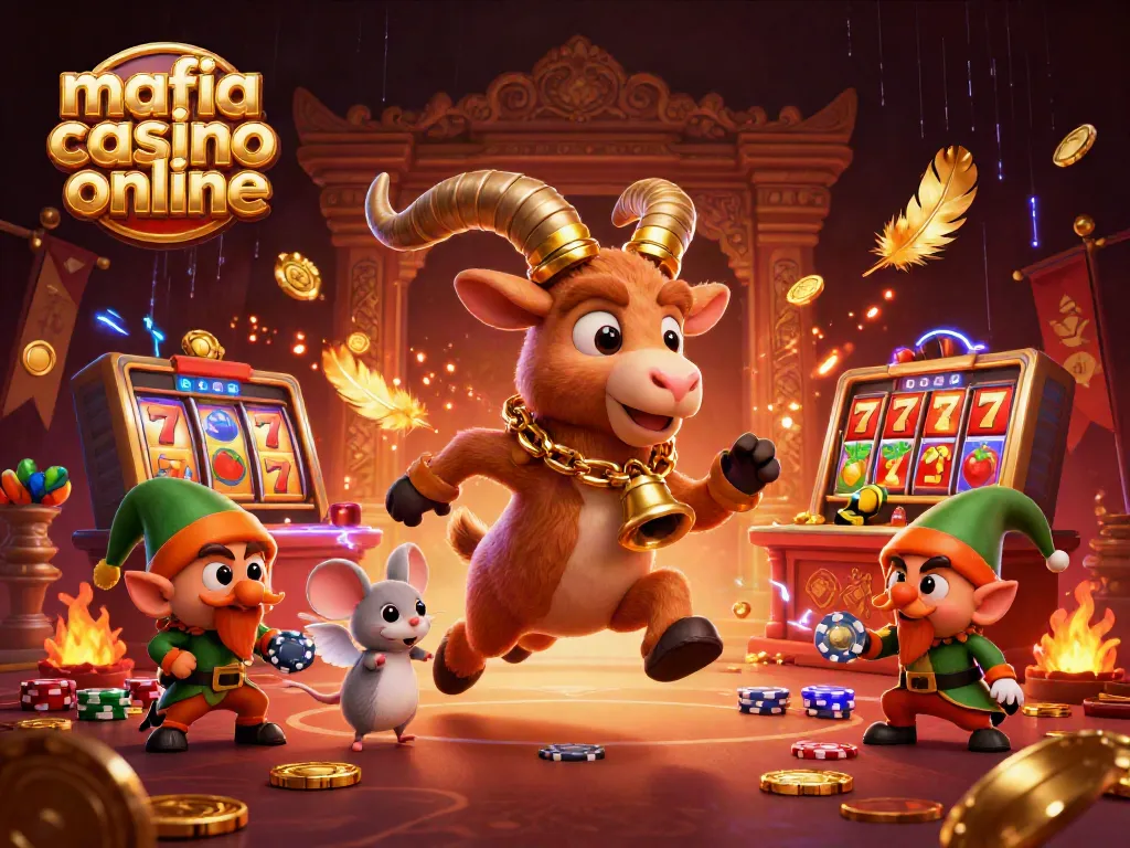 Experience the thrill of mafia casino online with a festive 3D scene of characters playing slots and engaging in thrilling action.