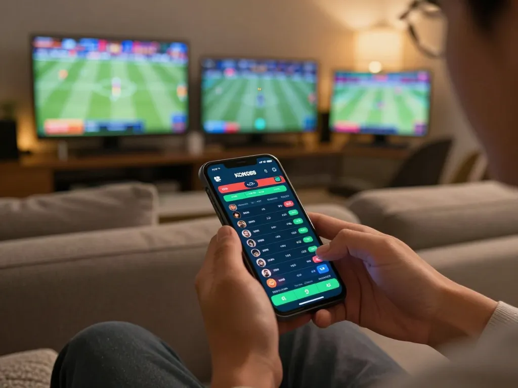 KONG88 sports betting app on smartphone, showcasing live odds and matches in an engaging home setting.