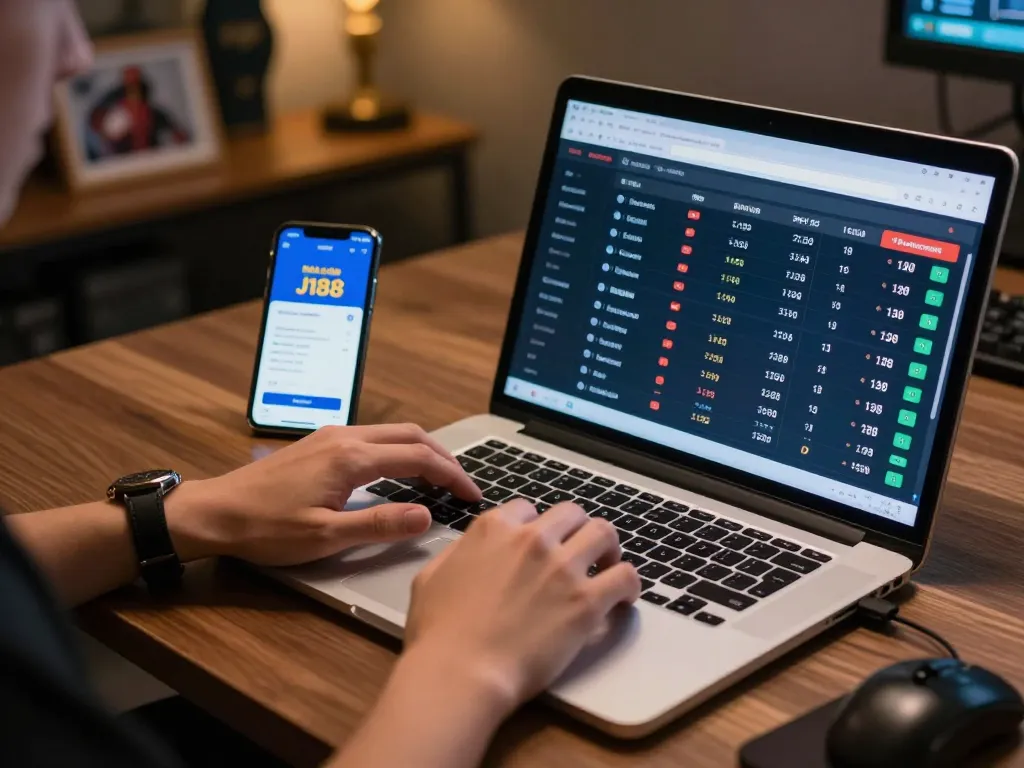 Enjoying strategic sports betting experience on nhà cái J188 app in a cozy home office.