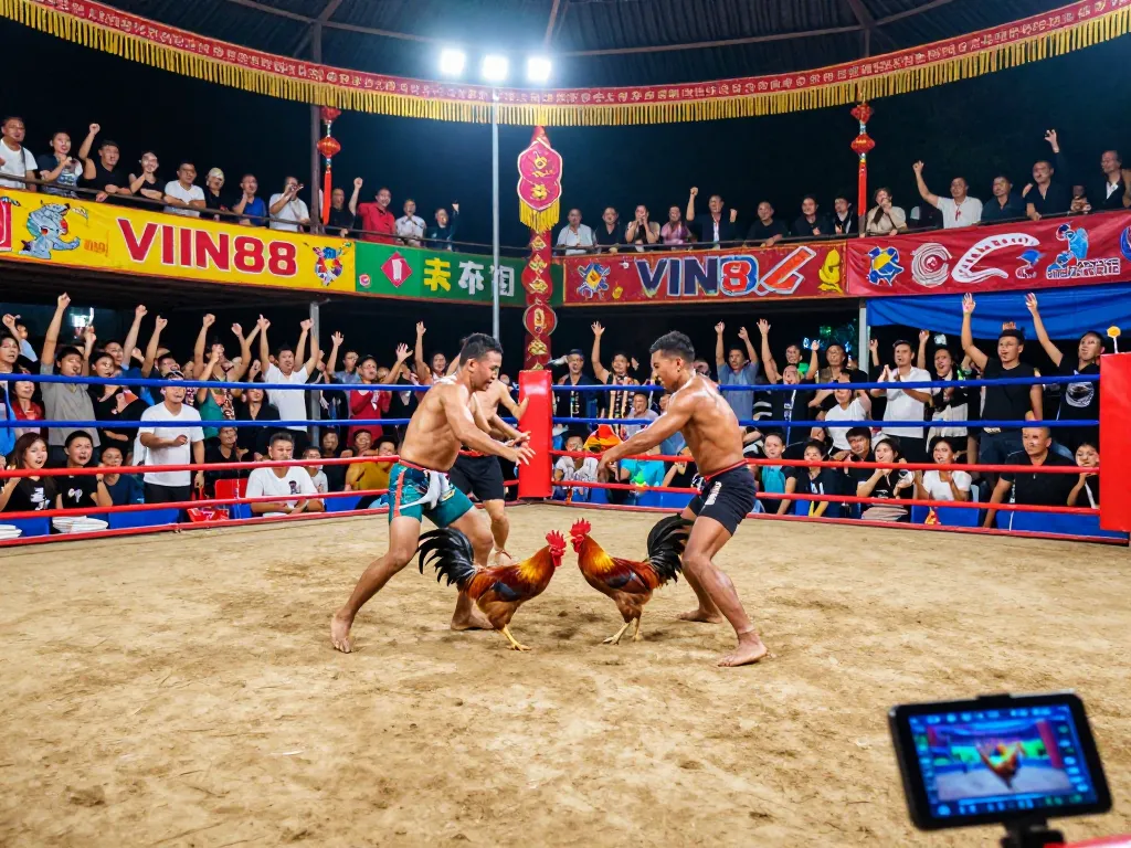 Experience the excitement of đá gà VIN88 with energetic spectators and intense rooster matches in action.