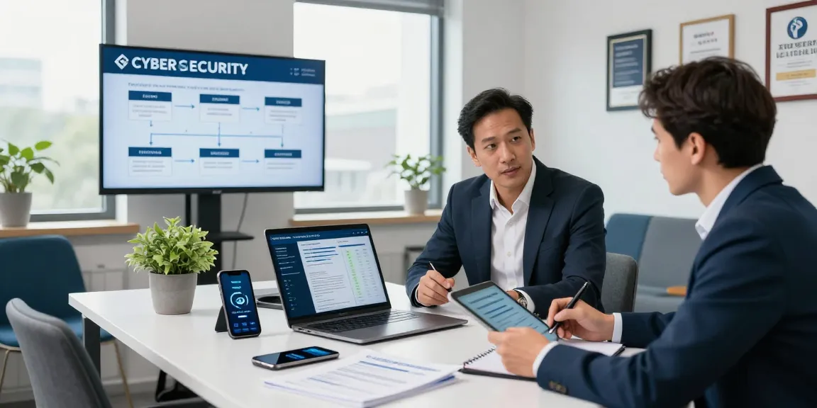 Cyber Essentials UK consultation in modern office showcasing cybersecurity metrics and compliance review.
