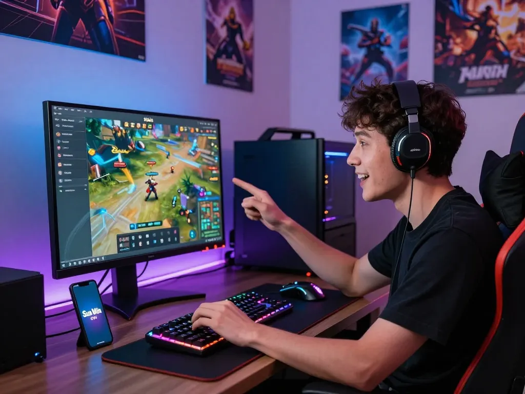 Excited gamer downloading tải sun win on a vibrant gaming setup with dynamic graphics and accessories.