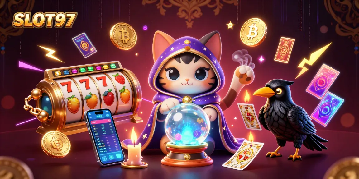 SLOT97 engages players with vibrant 3D illustrations of fortune tellers and slot reels, showcasing exciting jackpot opportunities.