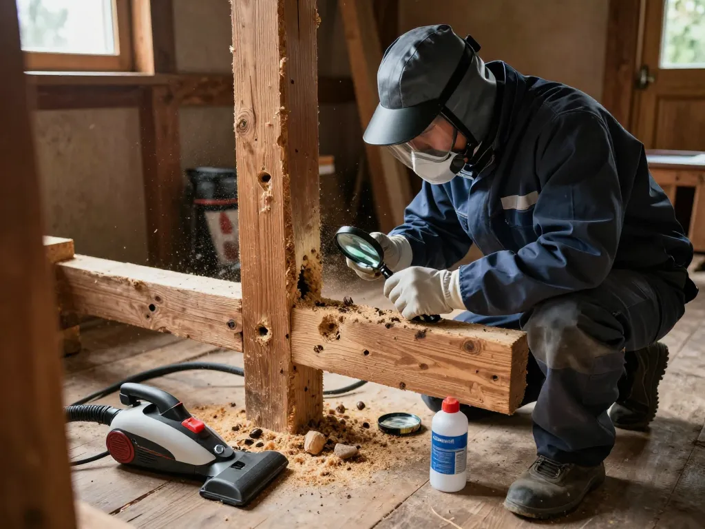 Eliminazione del coleottero del legno rappresentata da un esperto disinfestatore che utilizza strumenti per affrontare l'infestazione del legno.