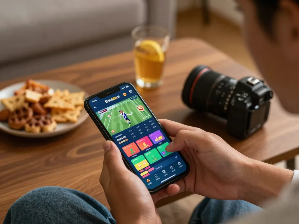 Person engaging in mobile sports betting on five88 vn app in cozy living room atmosphere