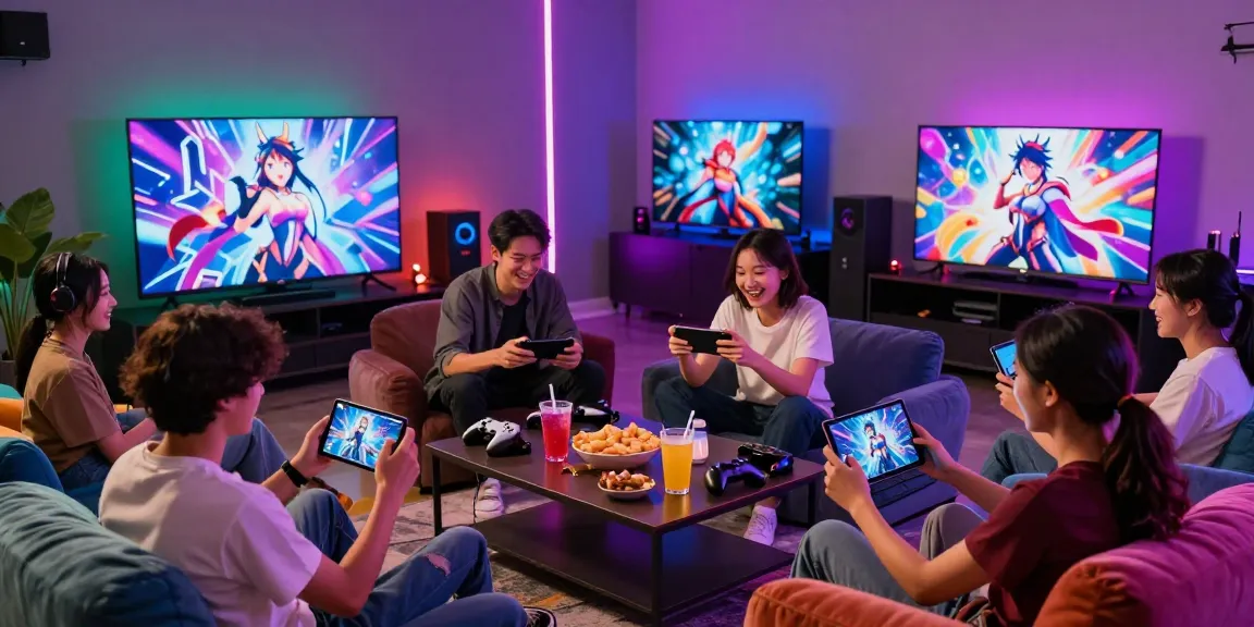 Friends enjoying hentai games in a vibrant gaming lounge with snacks and colorful lighting.