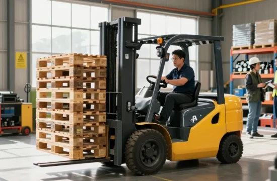 Electric forklift efficiently lifting pallets in a bright warehouse environment, showcasing modern material handling.